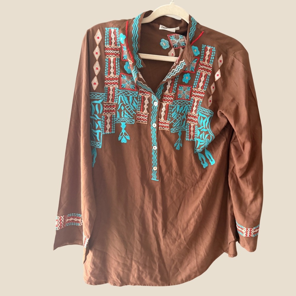 Rod's Western Embroidered Tunic Shirt Brown Turquoise XL Boho Long Sleeve